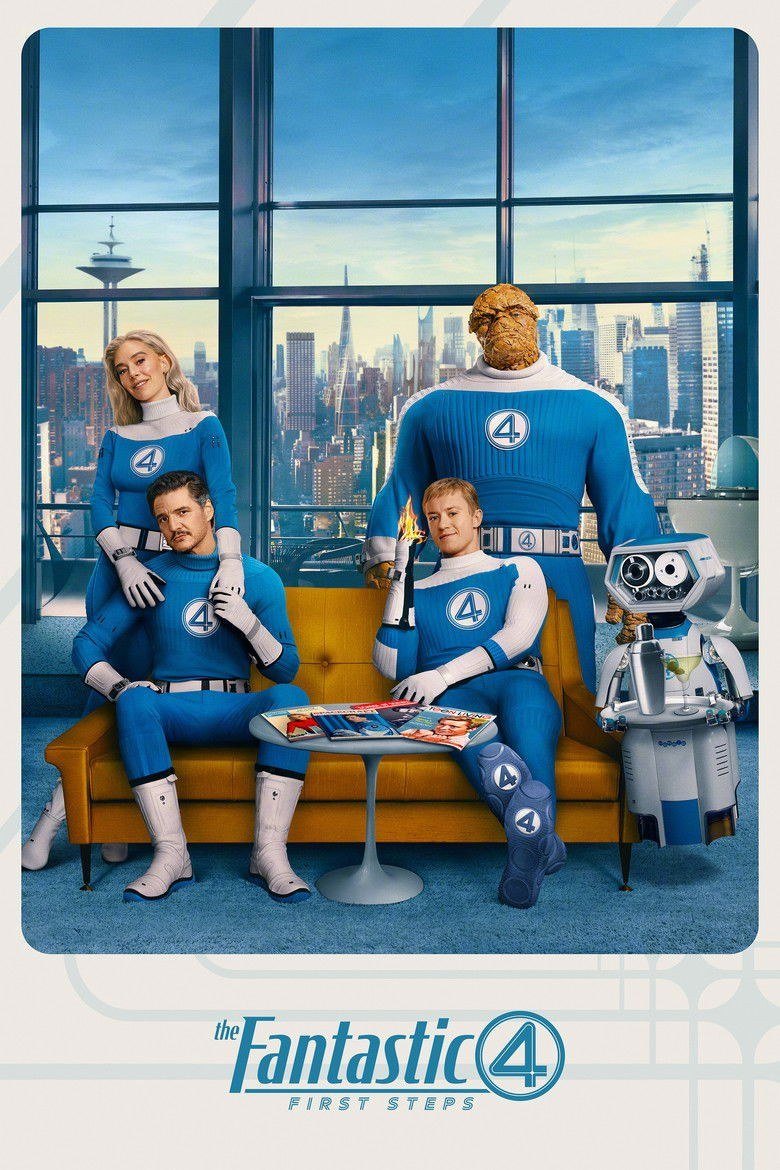 The Fantastic Four: First Steps poster with the four heroes in blue suits on a couch with their robot