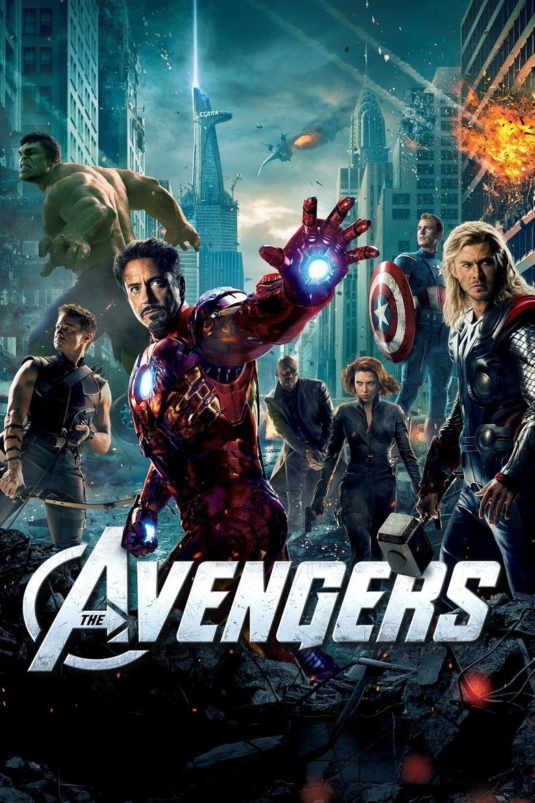 The Avengers poster with the six heroes standing in a ruined New York street