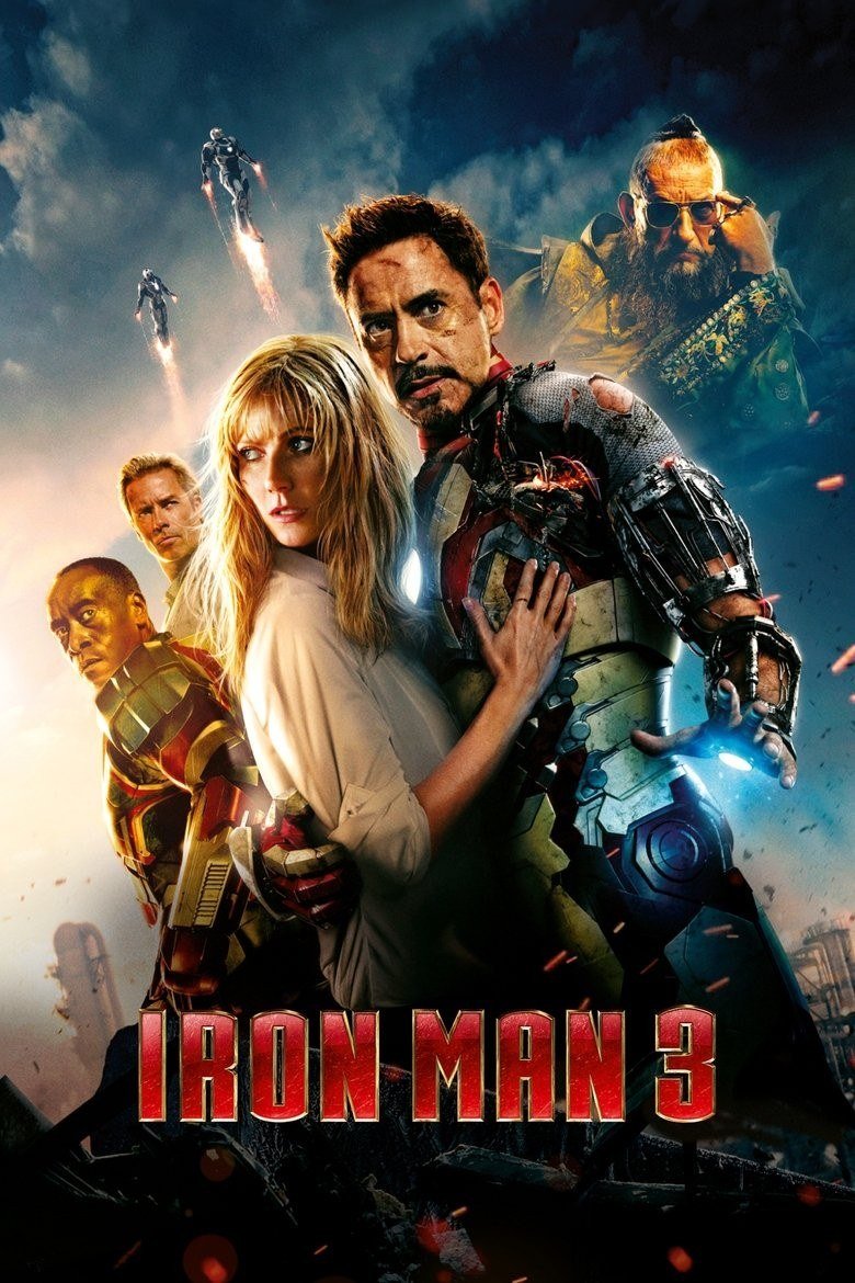 Iron Man 3 poster with a battle-damaged Tony Stark holding Pepper Potts