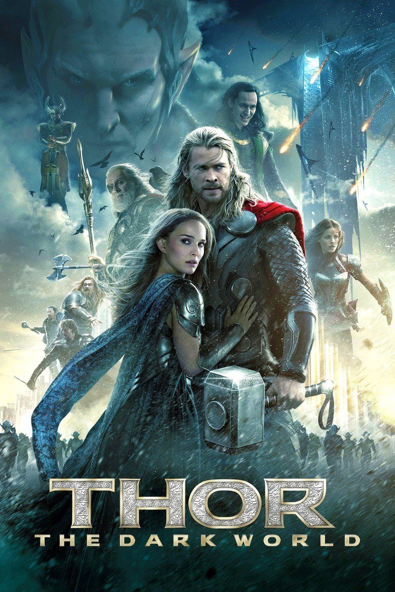 Thor: The Dark World poster with Thor, Jane and Loki against a stormy sky