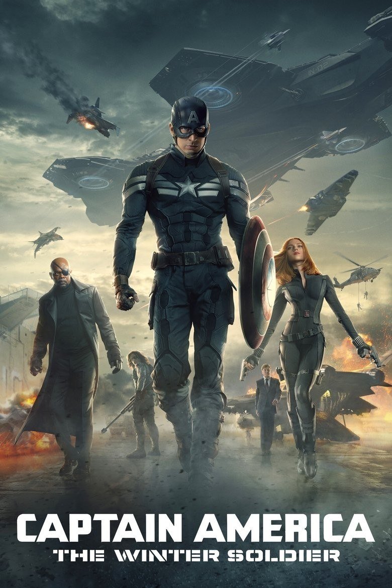 Captain America: The Winter Soldier poster with Cap, Nick Fury and Black Widow walking from a wrecked carrier