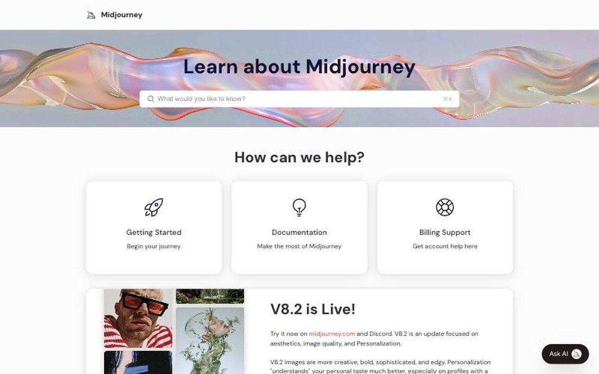 Midjourney documentation home page announcing that version 8.2 is live