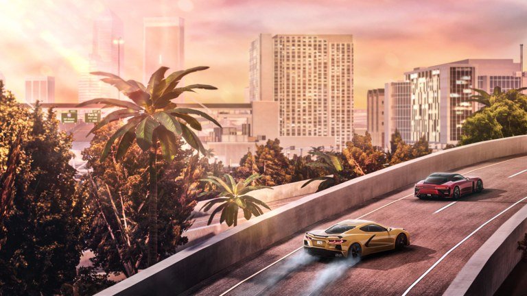 Midnight Chasers supercars on a coastal highway at sunset on Roblox