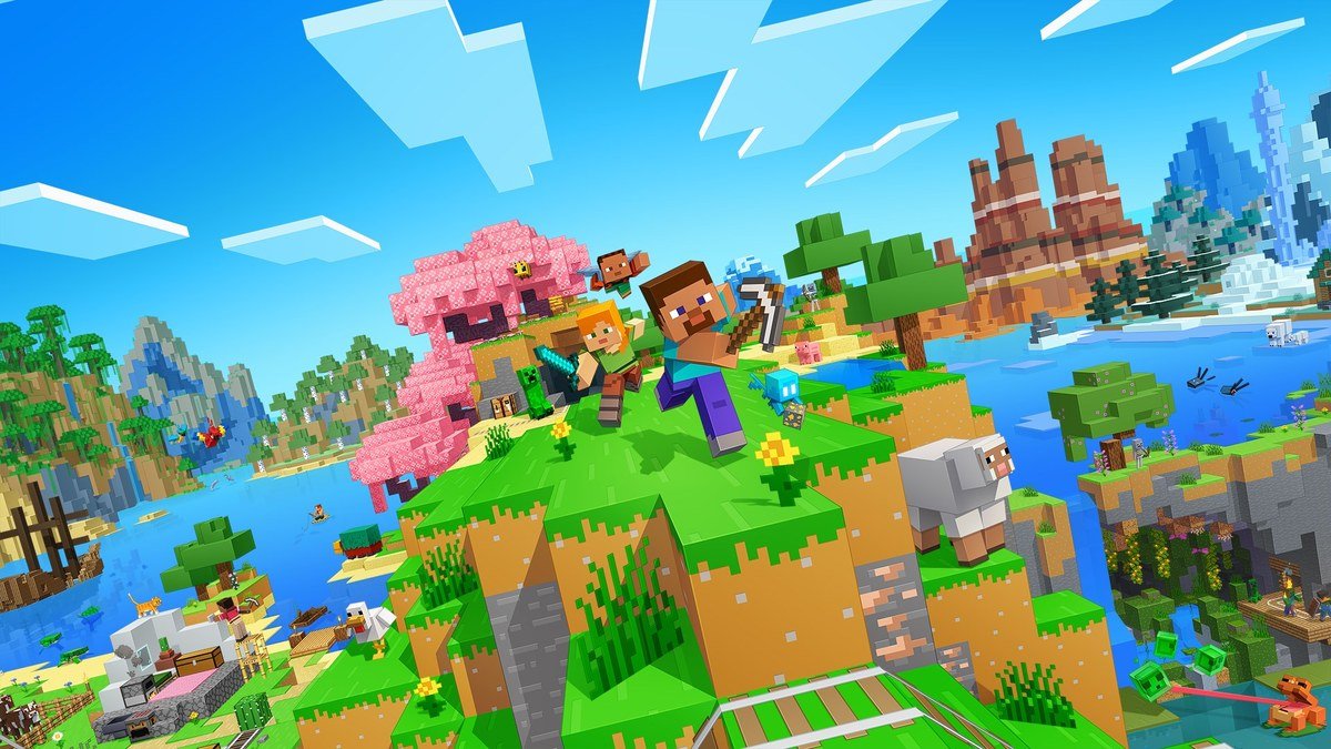 A Minecraft village and surrounding landscape