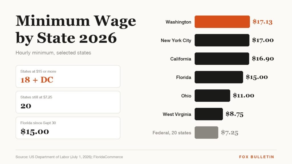 Bar chart of 2026 hourly minimum wages from Washington's 17.13 dollars down to the federal 7.25 dollars
