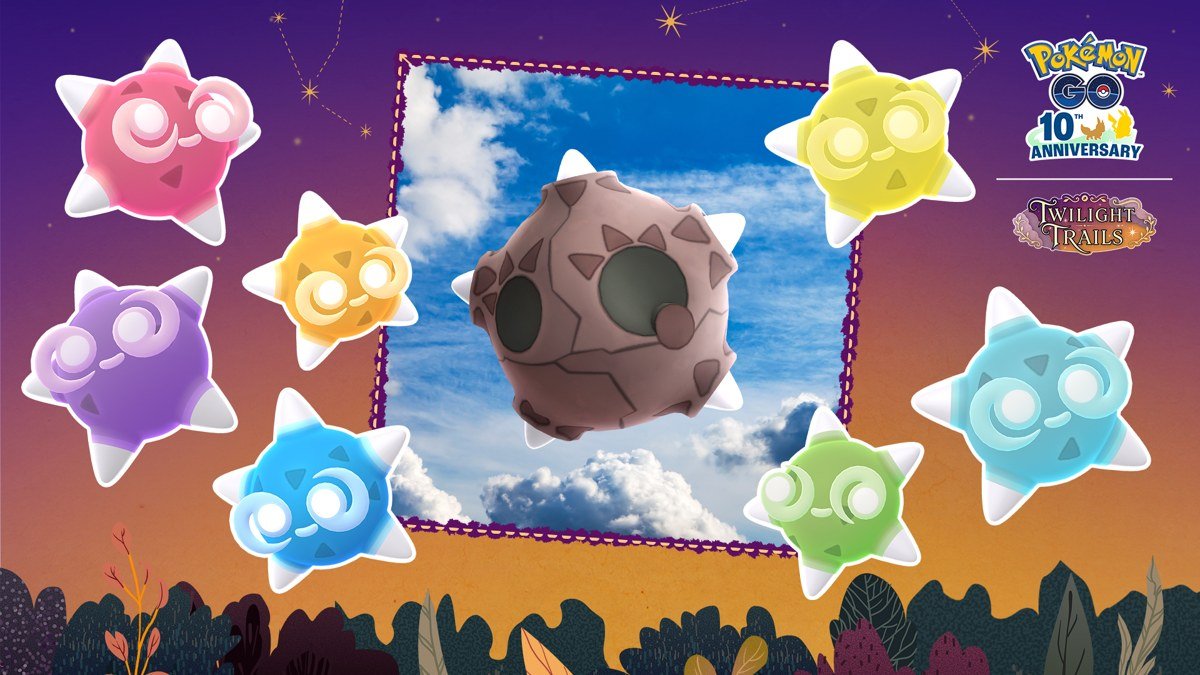 Minior in Meteor Form surrounded by its seven core colours for Pokémon GO Minior Showers