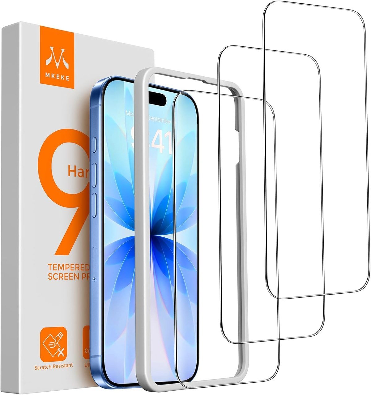 Mkeke three-pack tempered glass for iPhone 17 with alignment frame