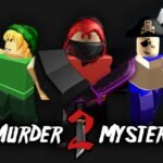 Three Murder Mystery 2 characters, one holding a gold coin, one masked in red and one in a pirate hat, beneath the game logo