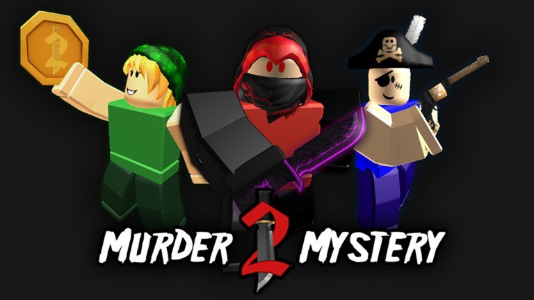 Three Murder Mystery 2 characters, one holding a gold coin, one masked in red and one in a pirate hat, beneath the game logo