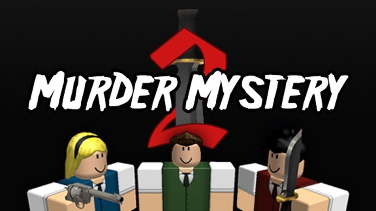The Murder Mystery 2 logo above three characters, one holding a pistol and one hiding a knife behind their back