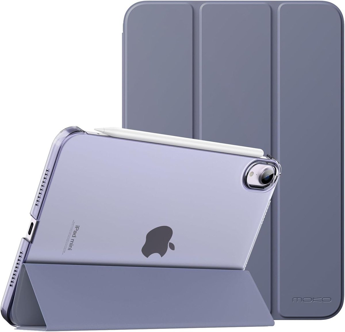 MoKo smart case for the iPad mini 7 in grey purple standing at a viewing angle