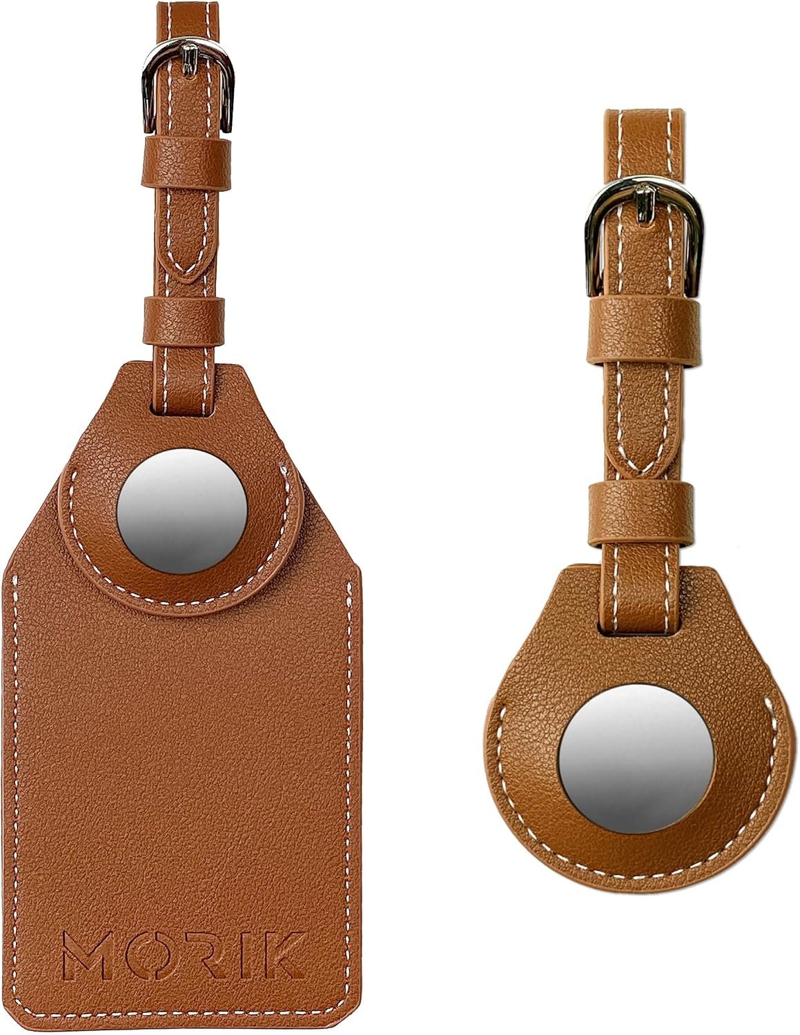 MORIK vegan leather AirTag luggage tag holder in brown with a buckled strap and ID window