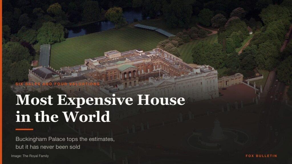 Composite of the Bel Air hilltop mansion, the Chelsea Royal Hospital grounds, Buckingham Palace and the Cap Ferrat coast
