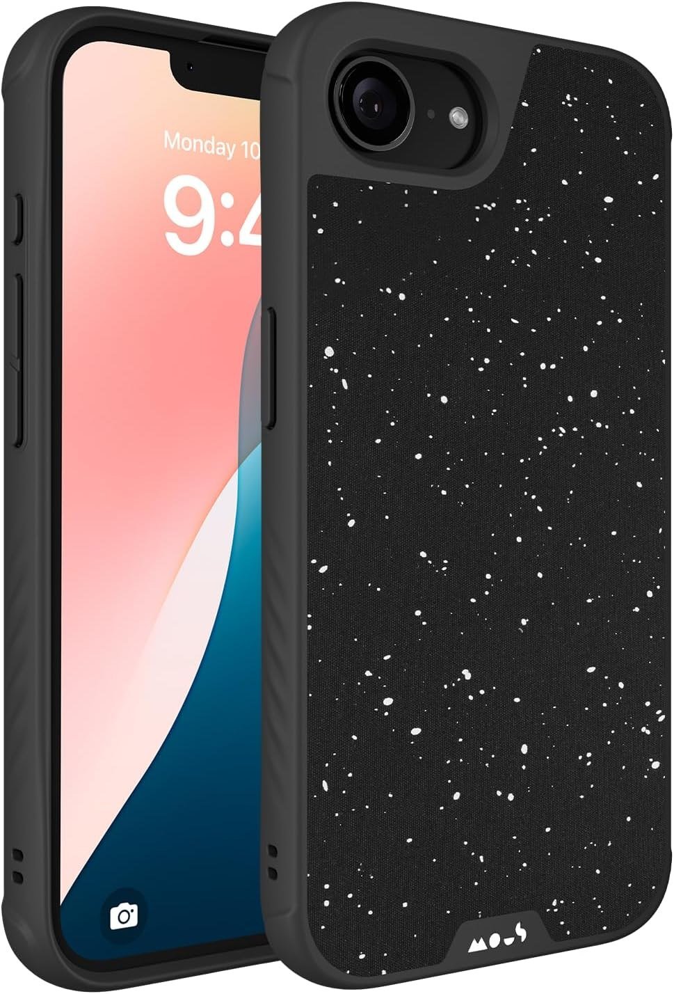 Mous Limitless case in Black Speckled Fabric, back and front views