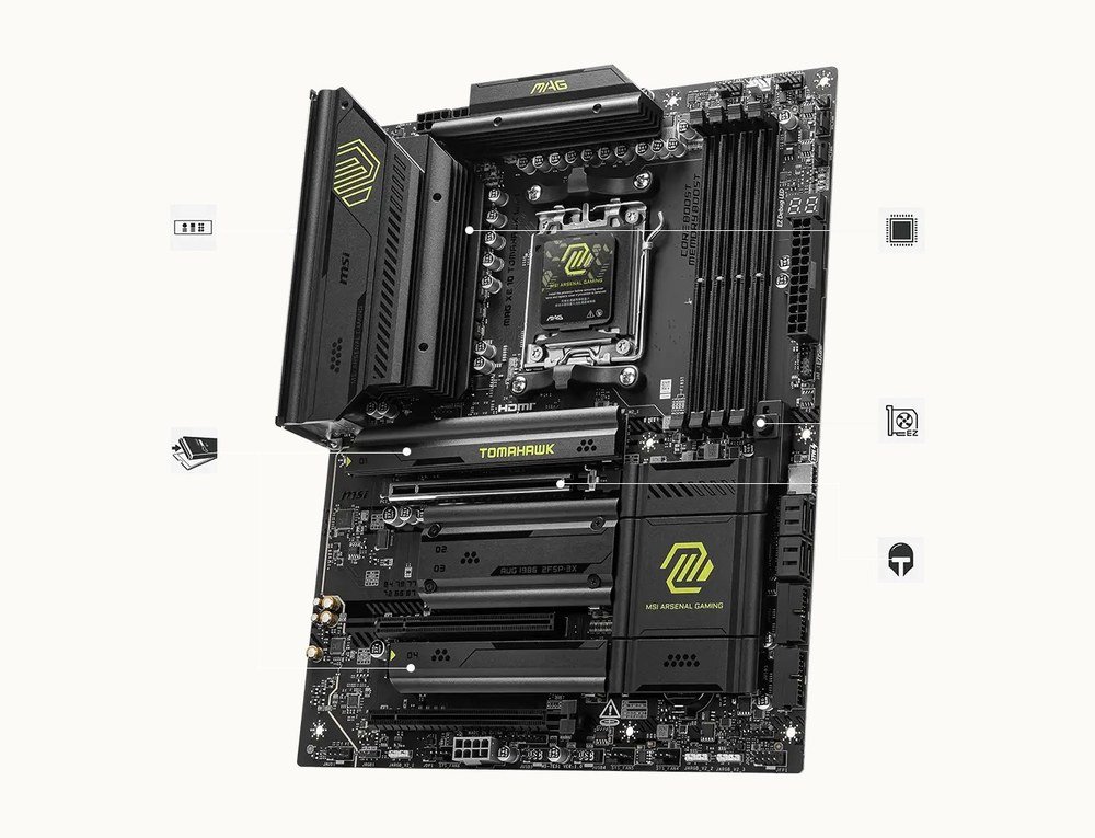 MSI MAG X870 Tomahawk motherboard with M.2 heatsinks over the SSD slots