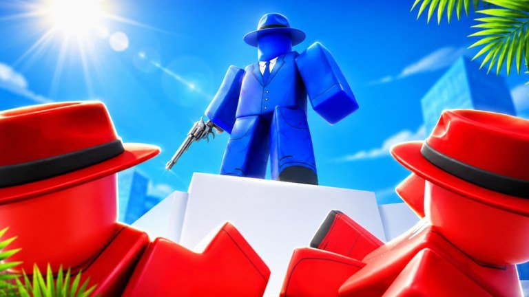 Murder Duels artwork of a blue suited figure with a revolver above red-hatted rivals