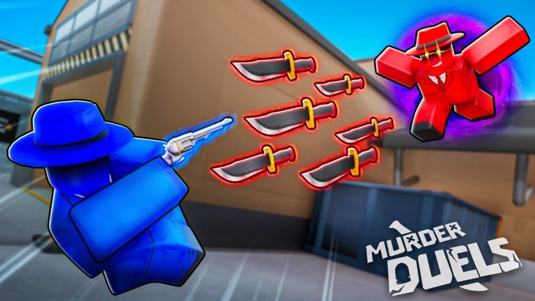Murder Duels artwork of a blue character firing a revolver past a row of glowing knives