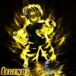 Muscle Legends artwork showing a glowing gold character lifting dumbbells in the dark