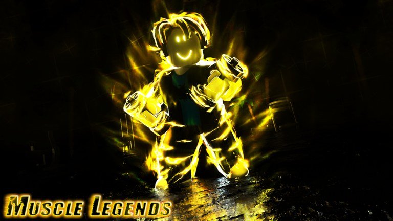 Muscle Legends artwork showing a glowing gold character lifting dumbbells in the dark