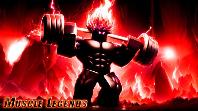 Muscle Legends artwork of a dark muscular figure pressing a flaming barbell overhead