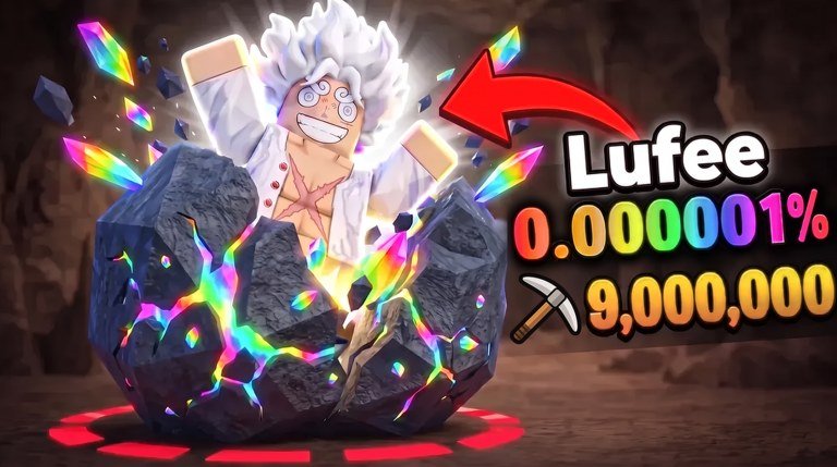 My Anime Mine character bursting out of a rainbow ore rock on Roblox