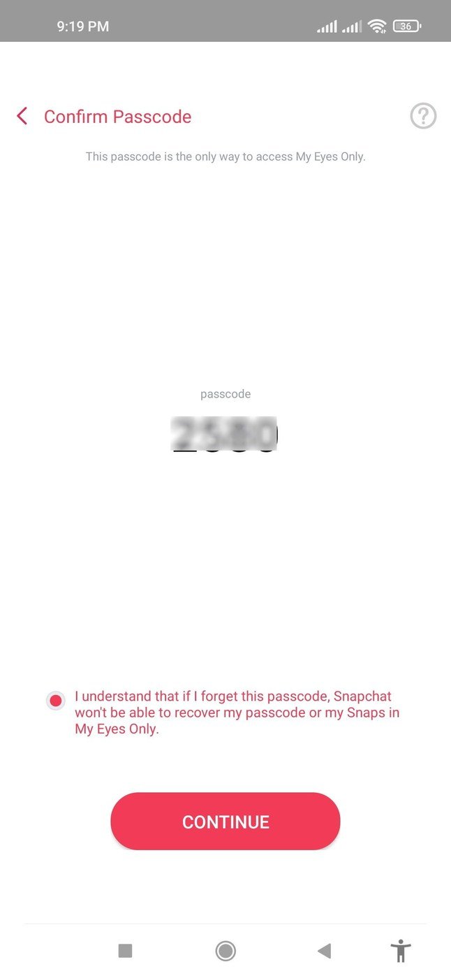 The Snapchat confirm passcode screen with the no-recovery warning checkbox