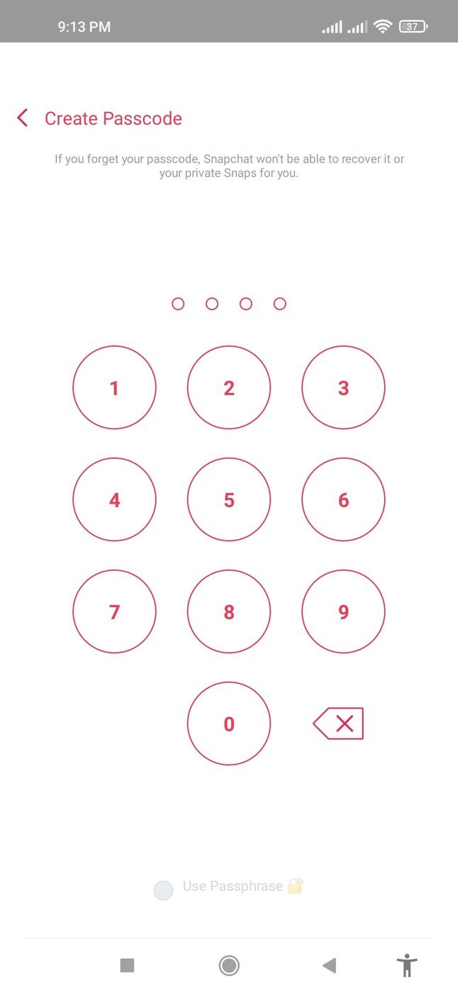 The Snapchat Create Passcode screen with four empty dots and a keypad