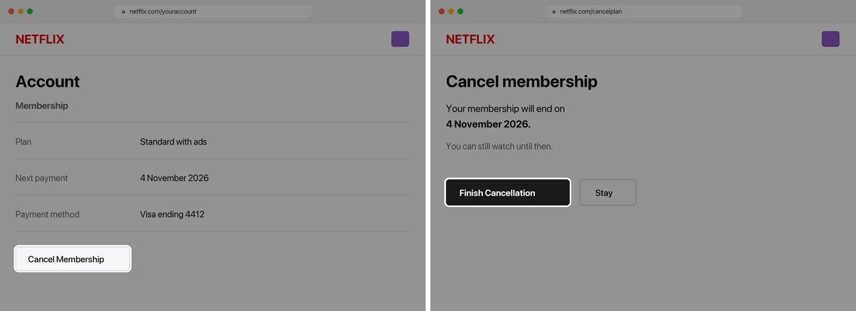Two browser screens showing the Cancel Membership and Finish Cancellation steps