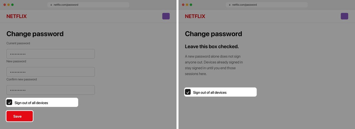 Two browser screens showing the Netflix password form and the sign out of all devices checkbox