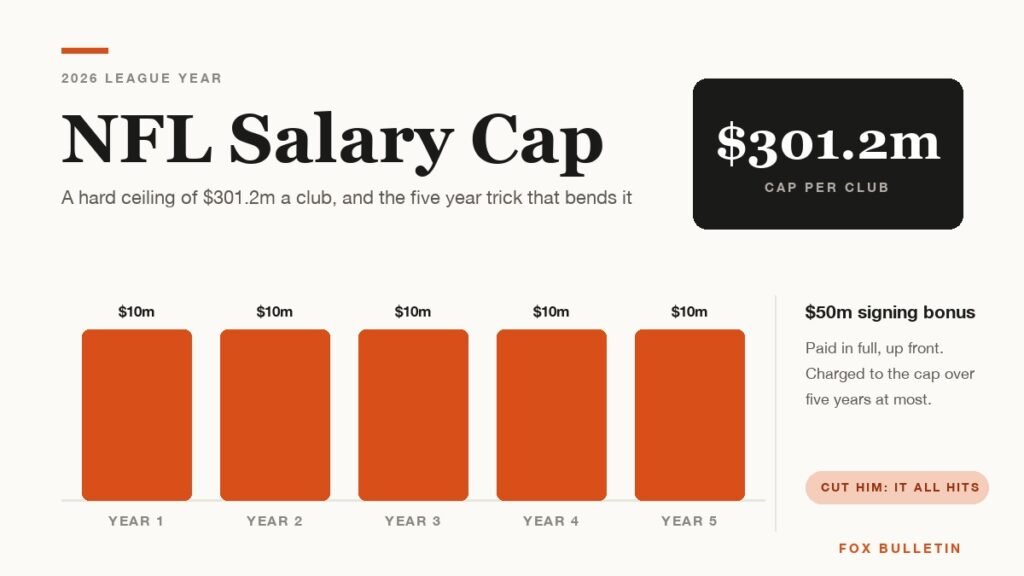 Chart showing the NFL salary cap at 301.2 million dollars per club and how a signing bonus prorates