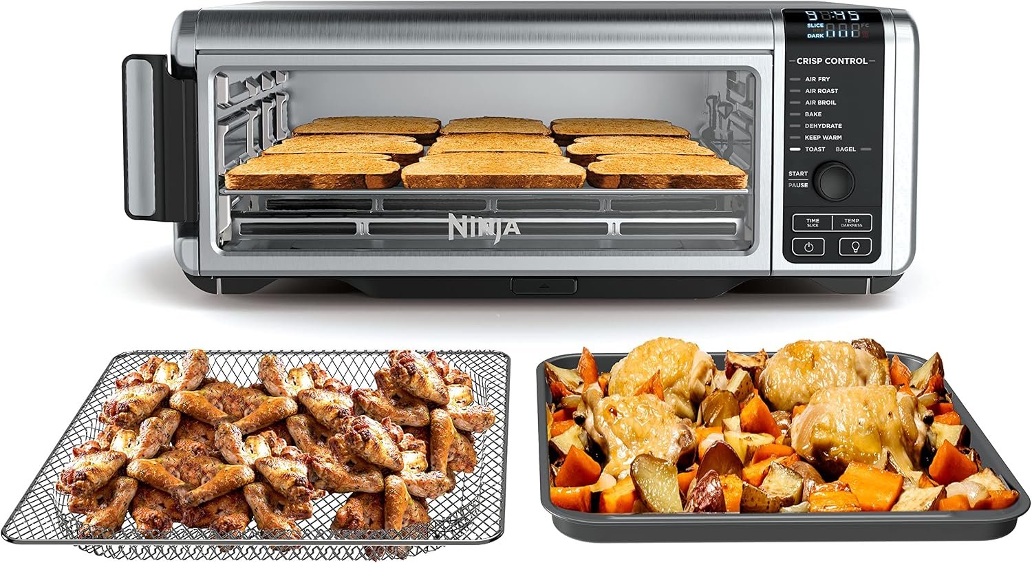 Ninja SP101 digital air fry countertop oven in silver, shown flipped up for storage