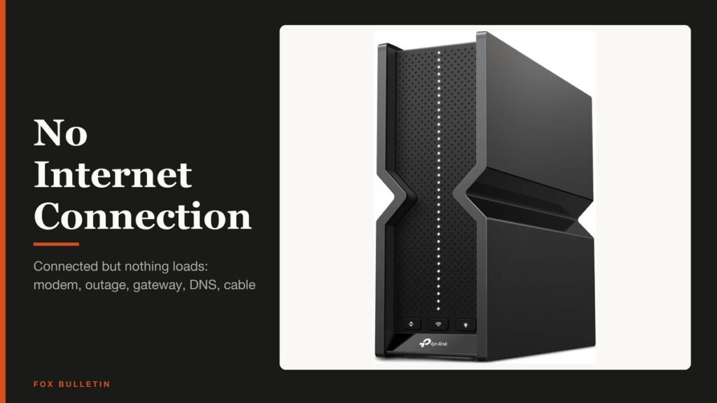 No Internet Connection headline beside a router, modem and laptop with a broken link between them