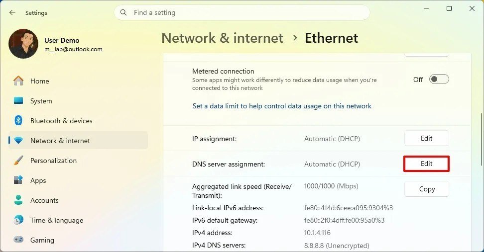 Windows 11 Network and internet Ethernet page with the Edit button beside DNS server assignment outlined in red