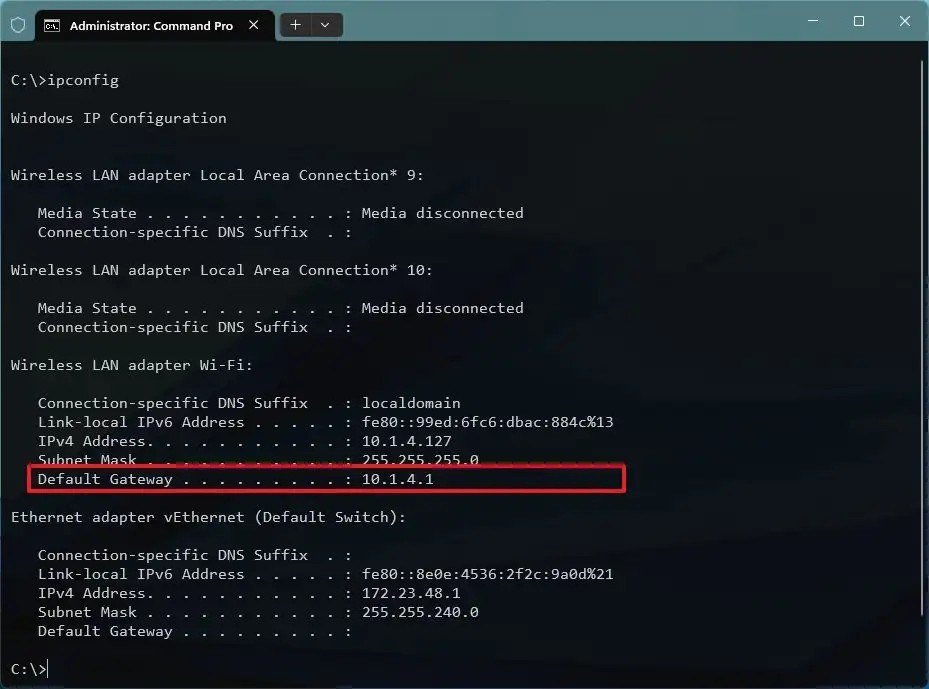 Windows Command Prompt showing ipconfig output with the Default Gateway line for the Wi-Fi adapter outlined in red