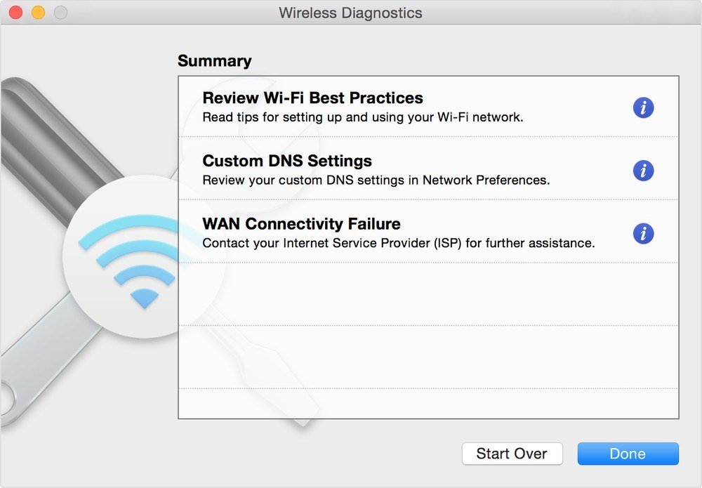 Mac Wireless Diagnostics summary listing Custom DNS Settings and WAN Connectivity Failure with advice to contact the internet provider