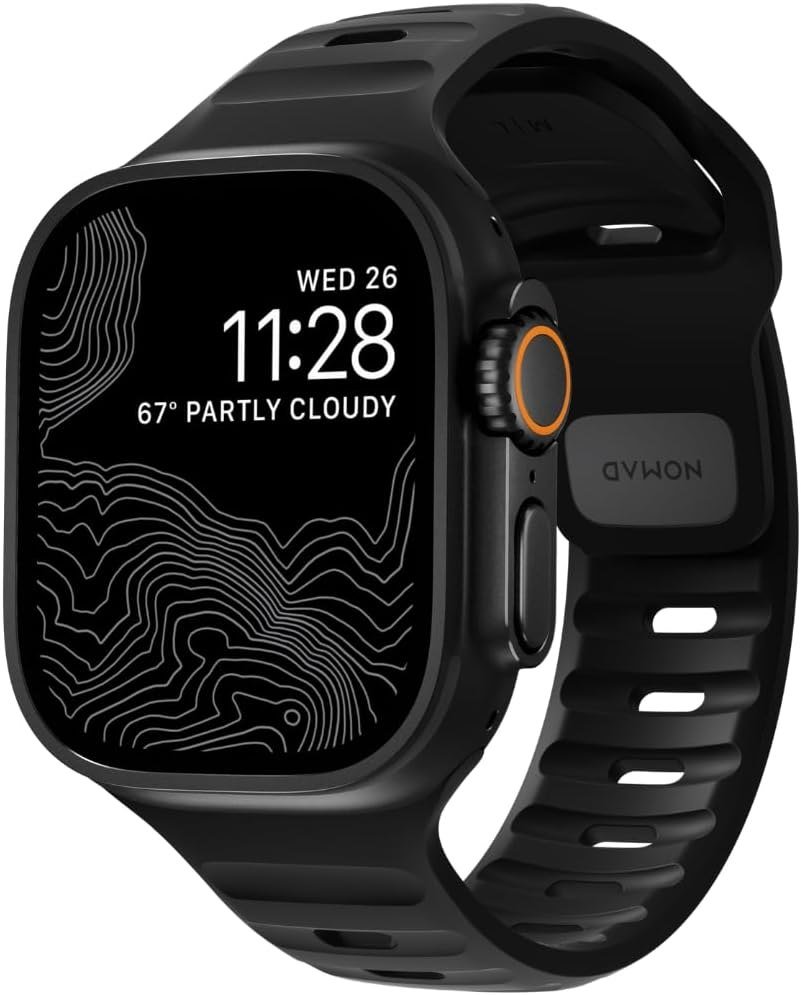 NOMAD Sport Band in black FKM rubber fitted to an Apple Watch Ultra