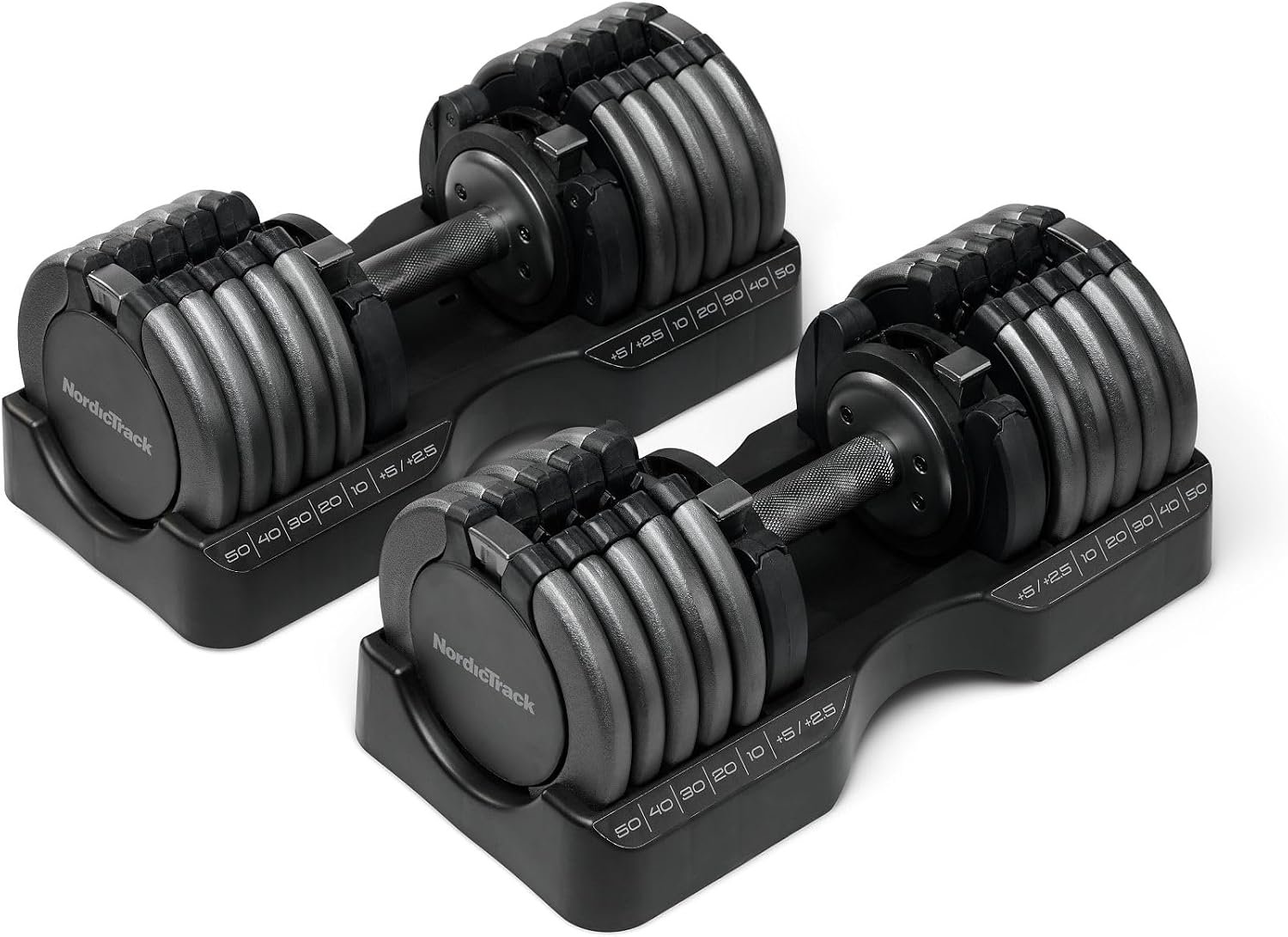 NordicTrack 55 lb Select-a-Weight adjustable dumbbell pair with storage trays