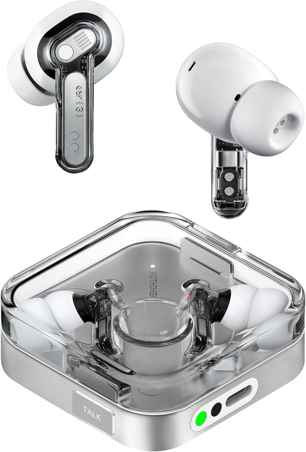 Nothing Ear 3 wireless earbuds with a transparent charging case and visible internals