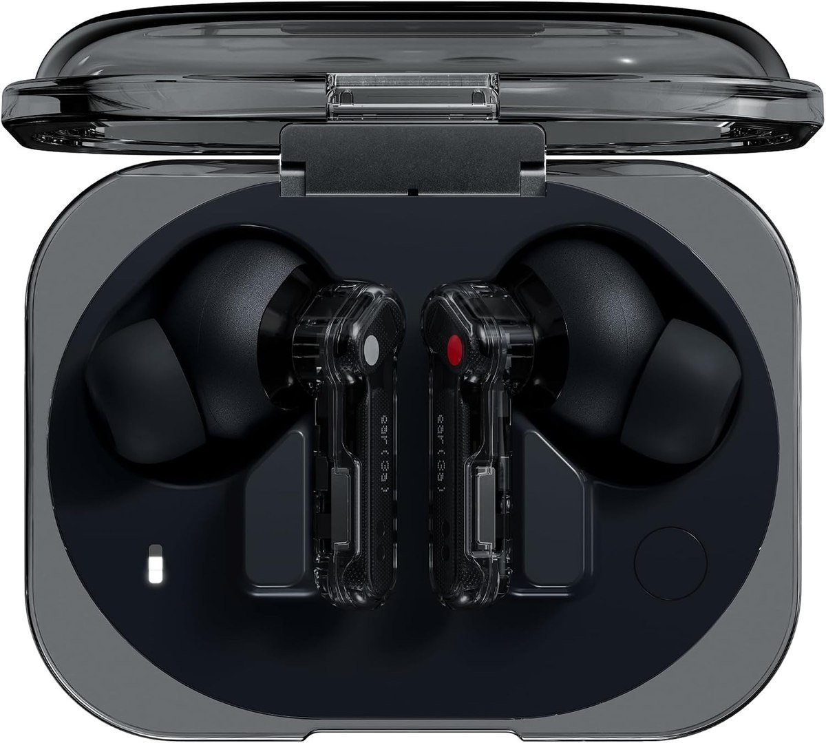 Nothing Ear (3a) earbuds in a transparent charging case