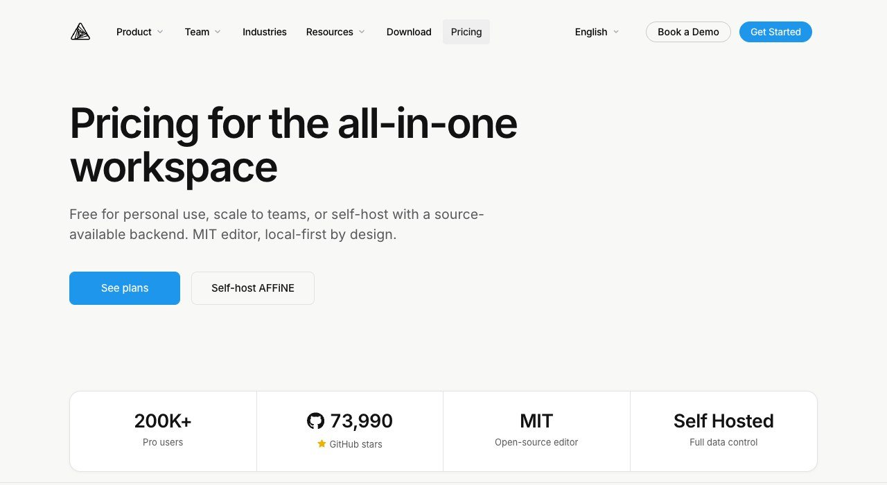 AFFiNE pricing page showing the all-in-one workspace plans and self-hosting