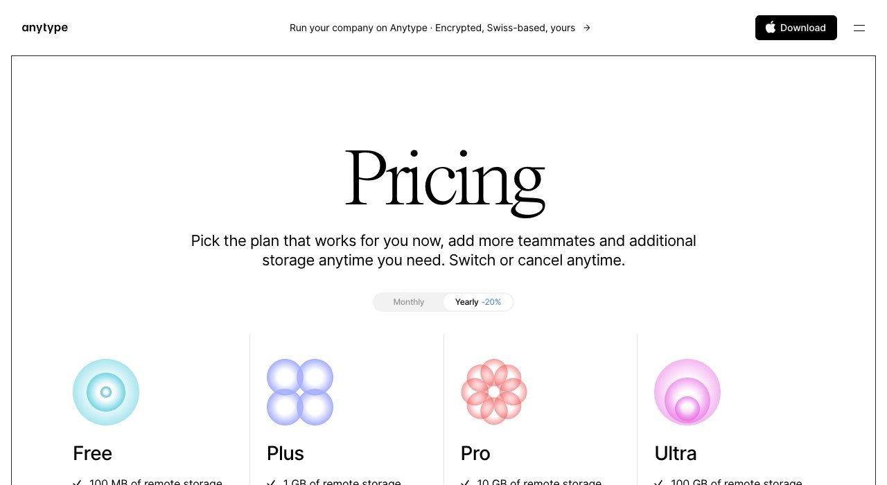 Anytype pricing page showing the Free, Plus, Pro and Ultra plans
