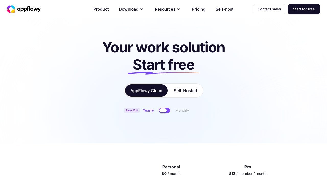 AppFlowy pricing page showing the Personal and Pro plans with cloud and self-hosted options