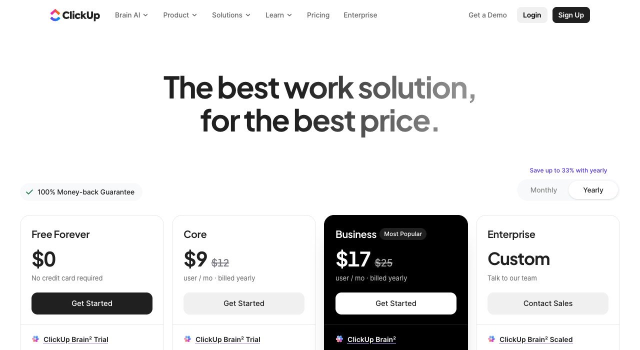 ClickUp pricing page showing the Free Forever, Core, Business and Enterprise plans