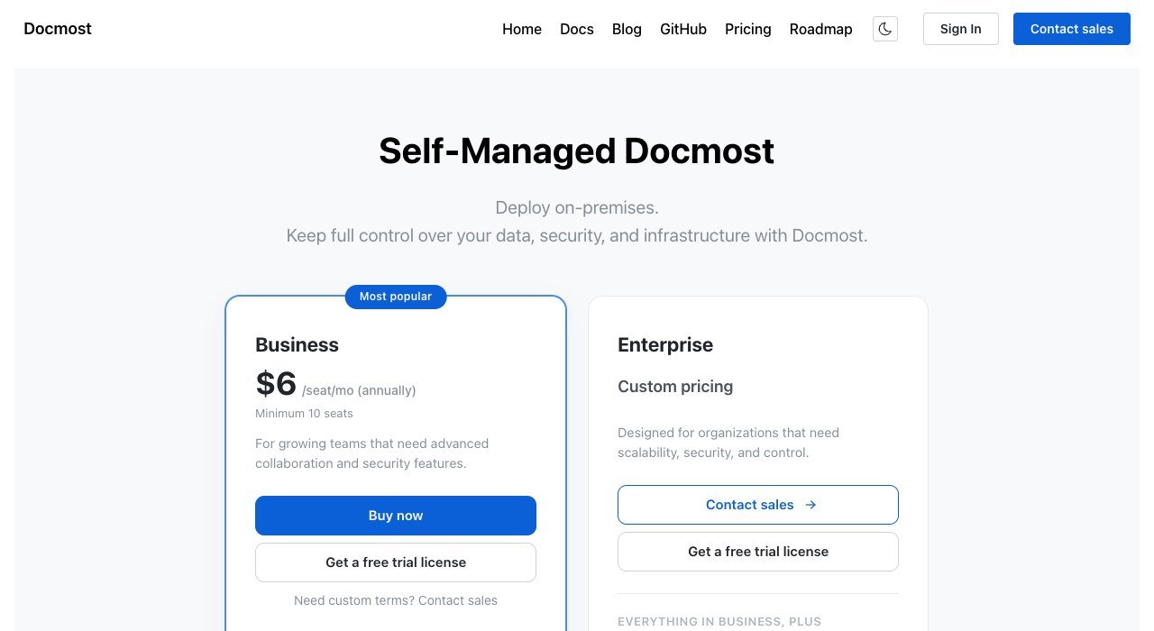 Docmost pricing page showing the Community, Business and Enterprise editions