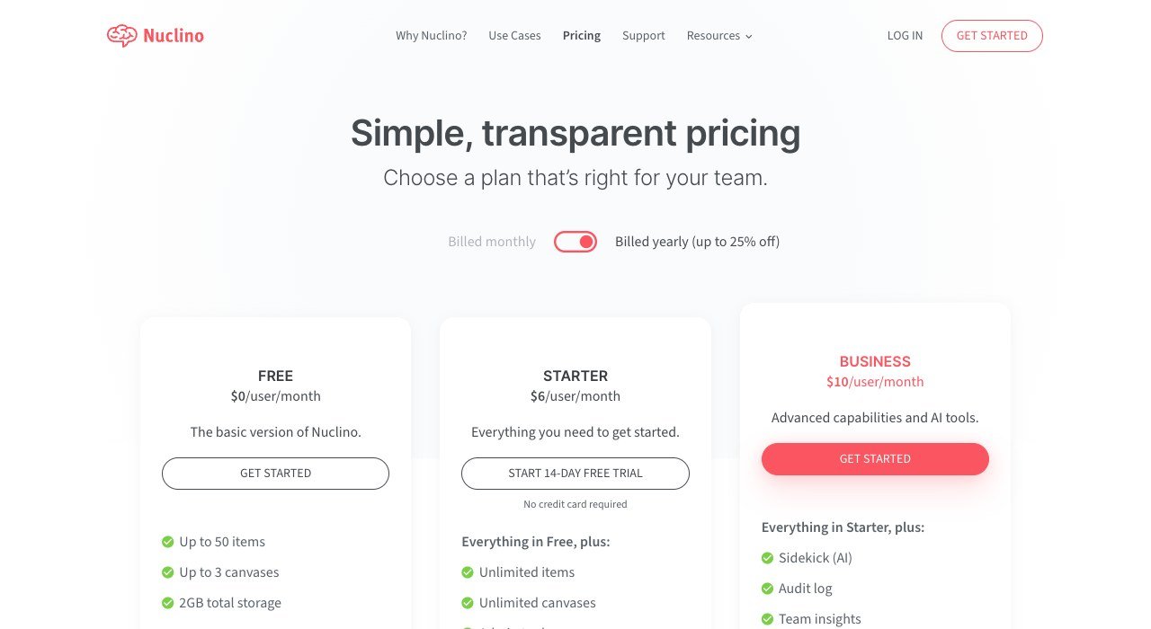 Nuclino pricing page showing the Free, Starter and Business plans