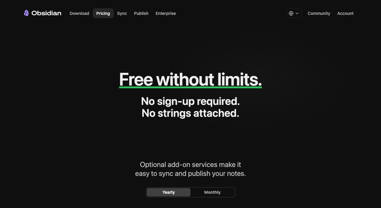 Obsidian pricing page showing the free app alongside the Sync and Publish add-ons