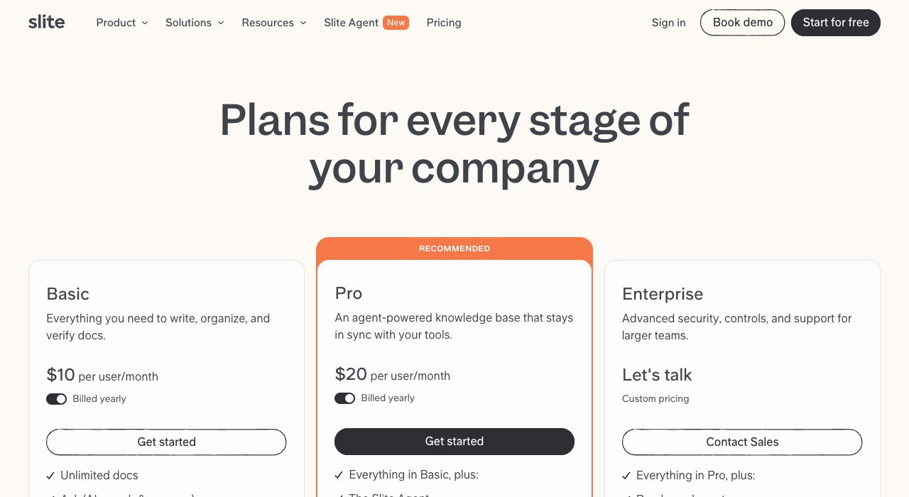 Slite pricing page showing the Basic, Pro and Enterprise plans