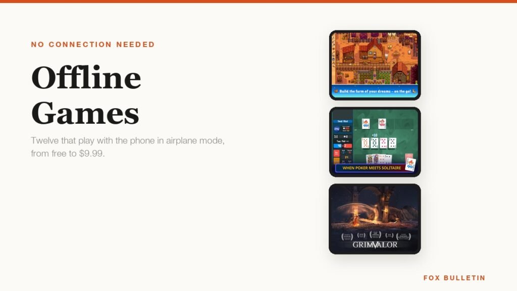 Three offline game screenshots on phone plates beside the headline Offline Games