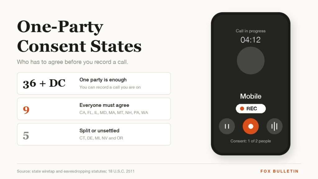 Phone call screen with a recording badge beside counts of one-party, all-party and split consent states