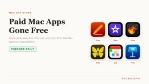 Paid Mac apps gone free: Pages, iMovie, GarageBand, Ulysses, Fantastical and Keynote icons on the Mac App Store